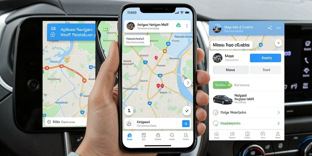 Screenshot aplikasi RI889 menampilkan antarmuka navigasi mobil yang interaktif.