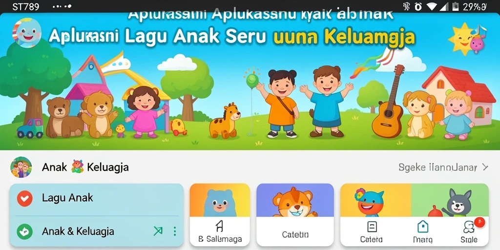 Tampilan antarmuka pengguna aplikasi ST789 dengan berbagai lagu anak.